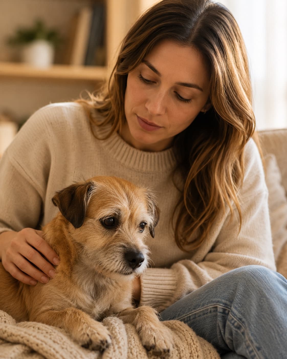 A woman sitting at home with her small dog resting on her lap