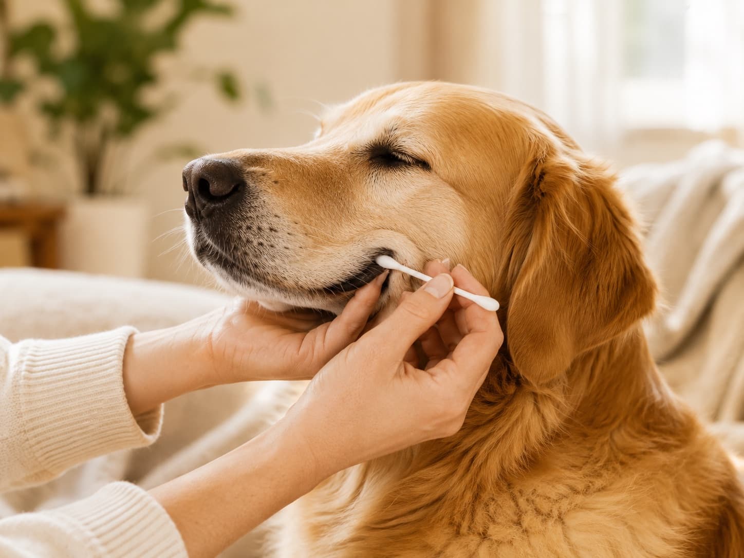 A pet owner gently collecting an at-home cheek swab from a calm golden retriever