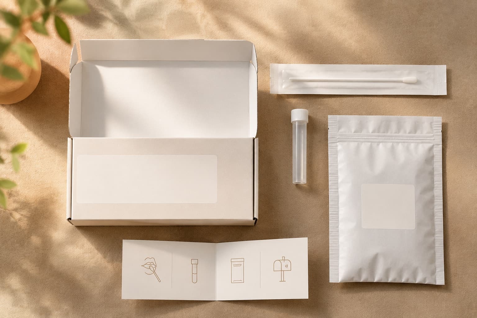 The Anivital at-home test kit: a box, a sample swab and vial, and an instruction card