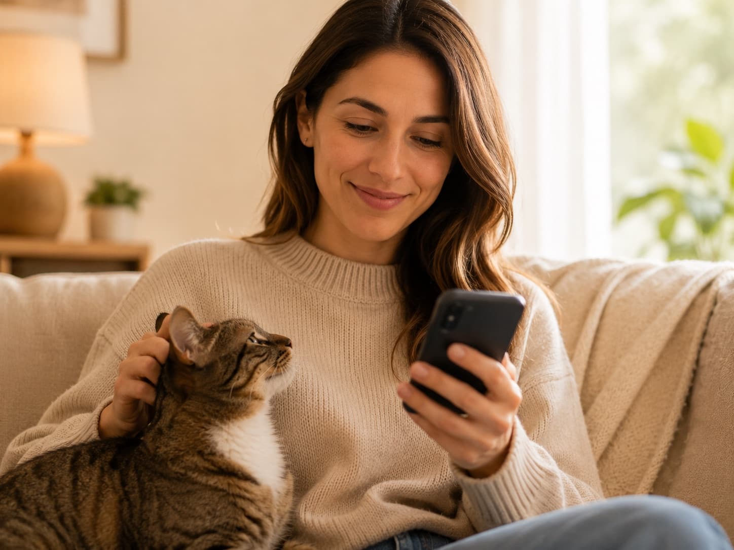 A woman smiling as she reads her pet's results on her phone, her cat beside her at home