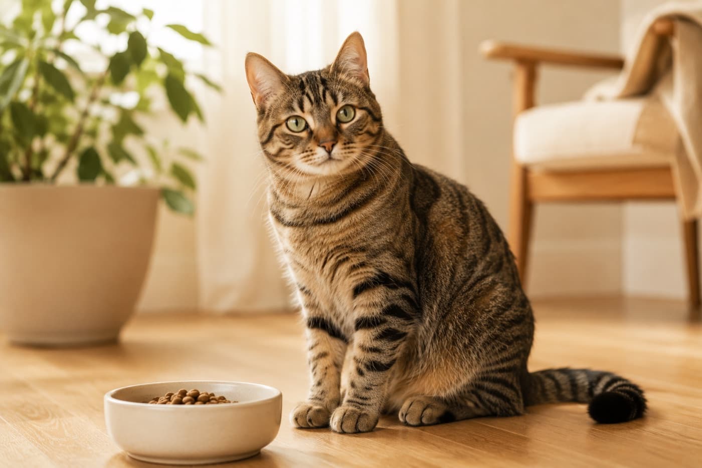 A content cat beside its food bowl at home