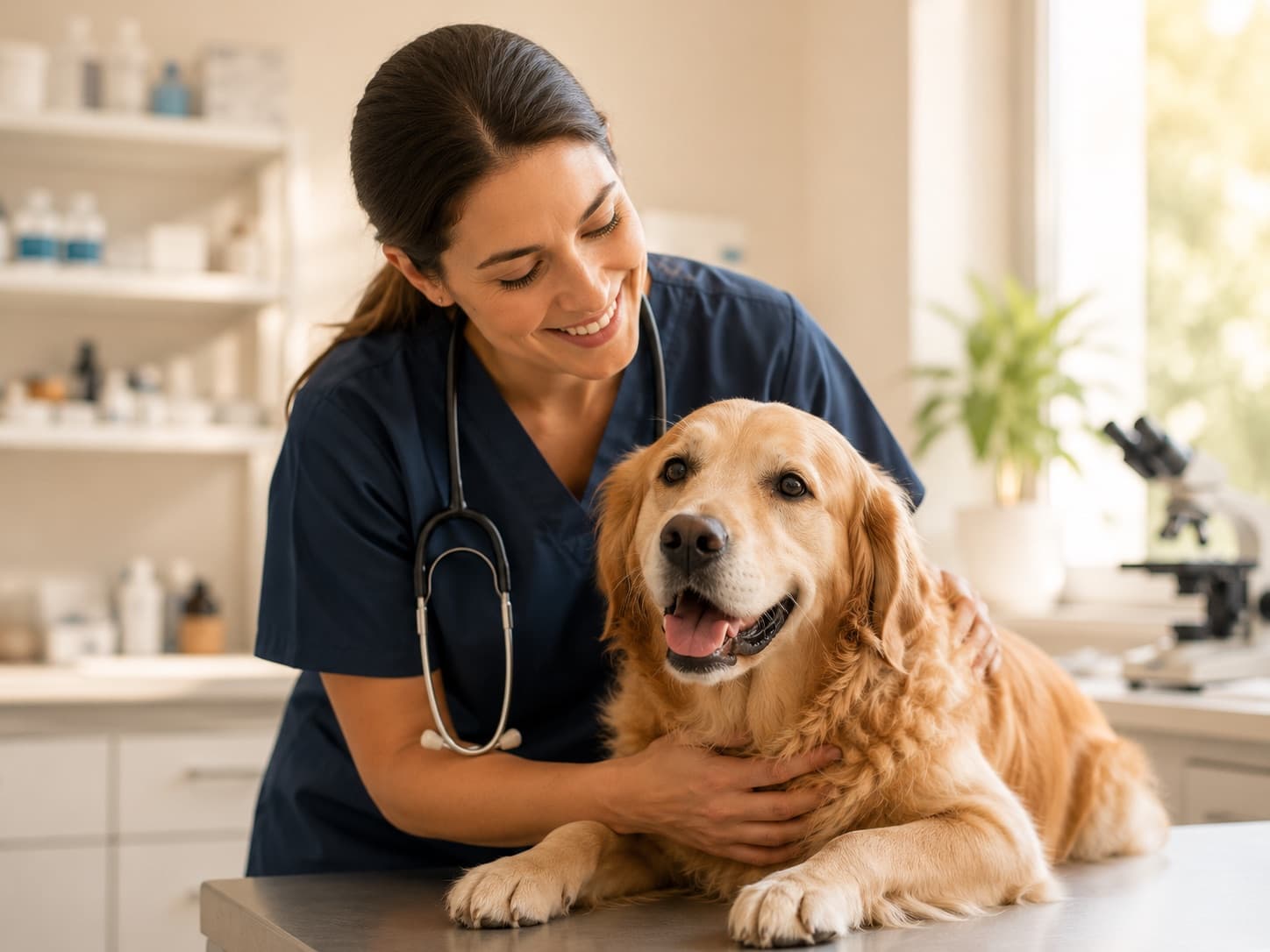 A smiling veterinarian with a friendly golden retriever in a bright clinic